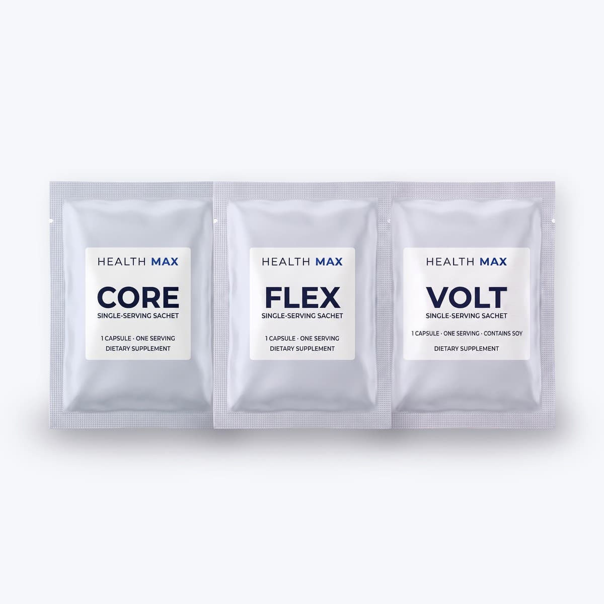 Health Max travel pack, one single-serving sachet each of Core, Flex and Volt