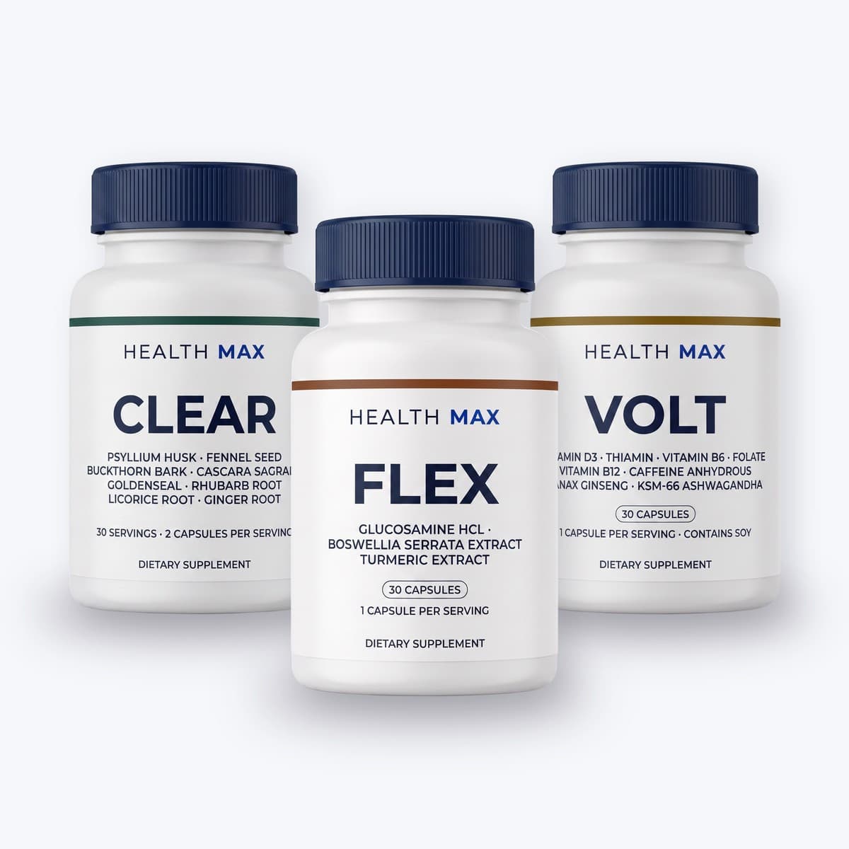 Health Max three-bottle set, Clear, Flex and Volt