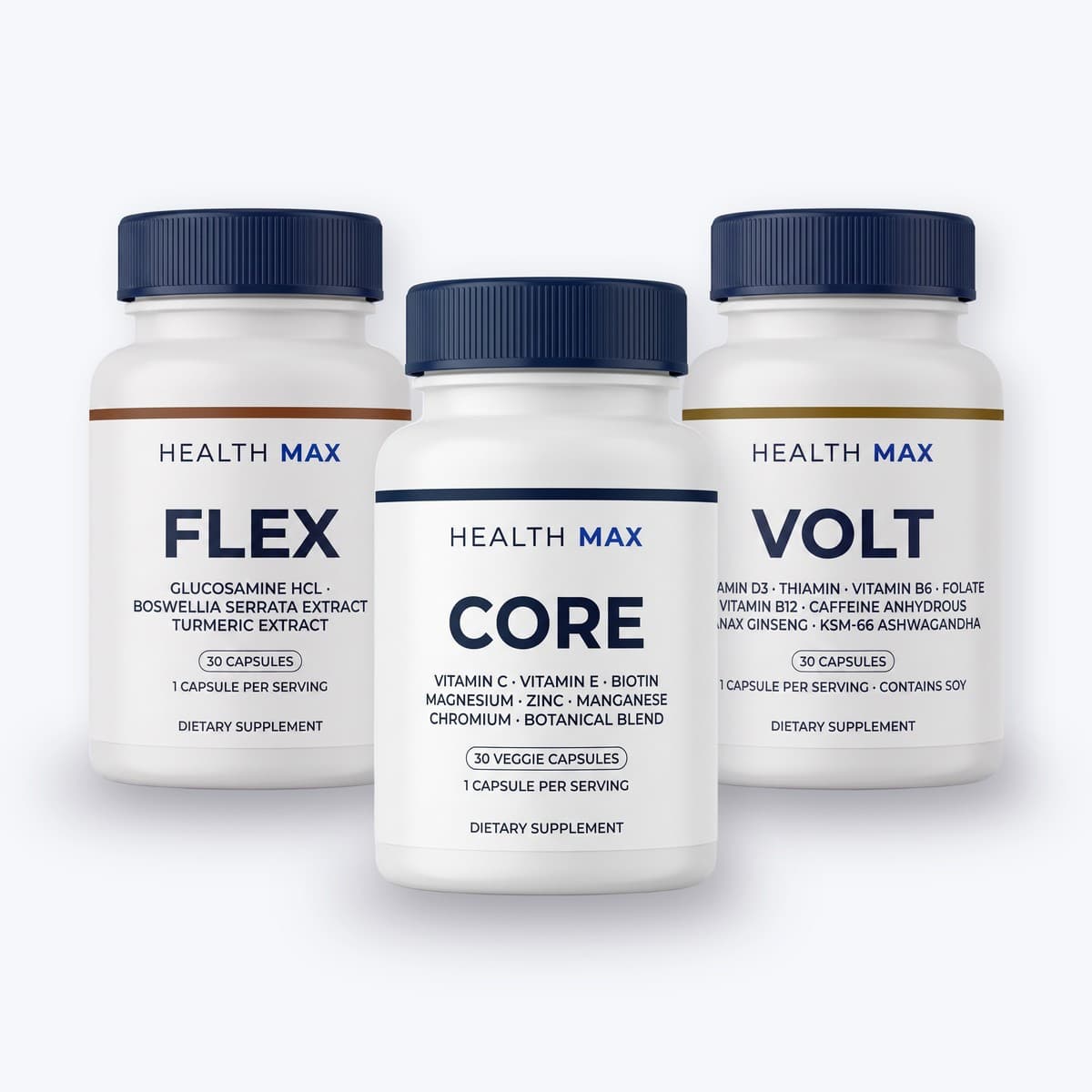 Health Max three-bottle set, Core, Flex and Volt