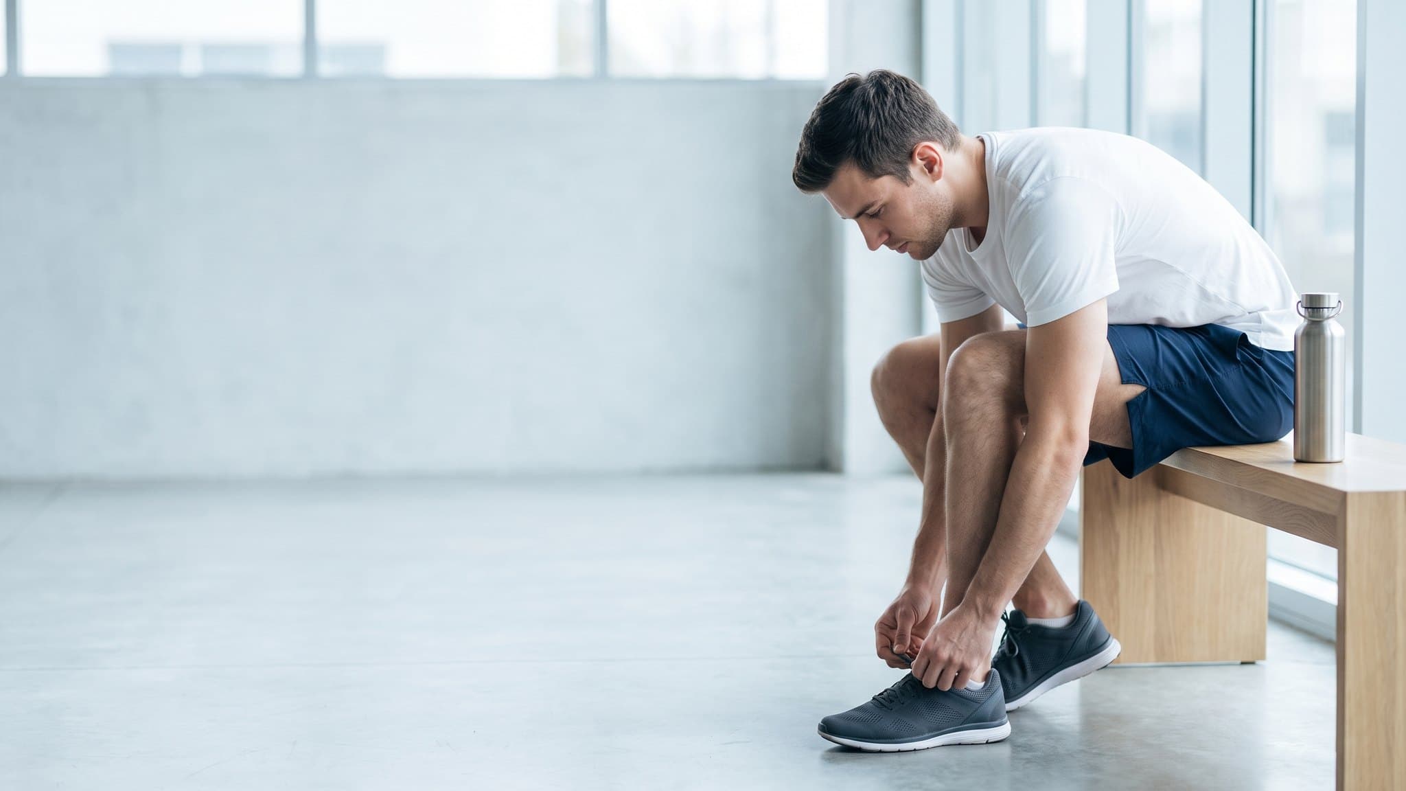 A man lacing running shoes on a gym bench, with a water bottle beside him