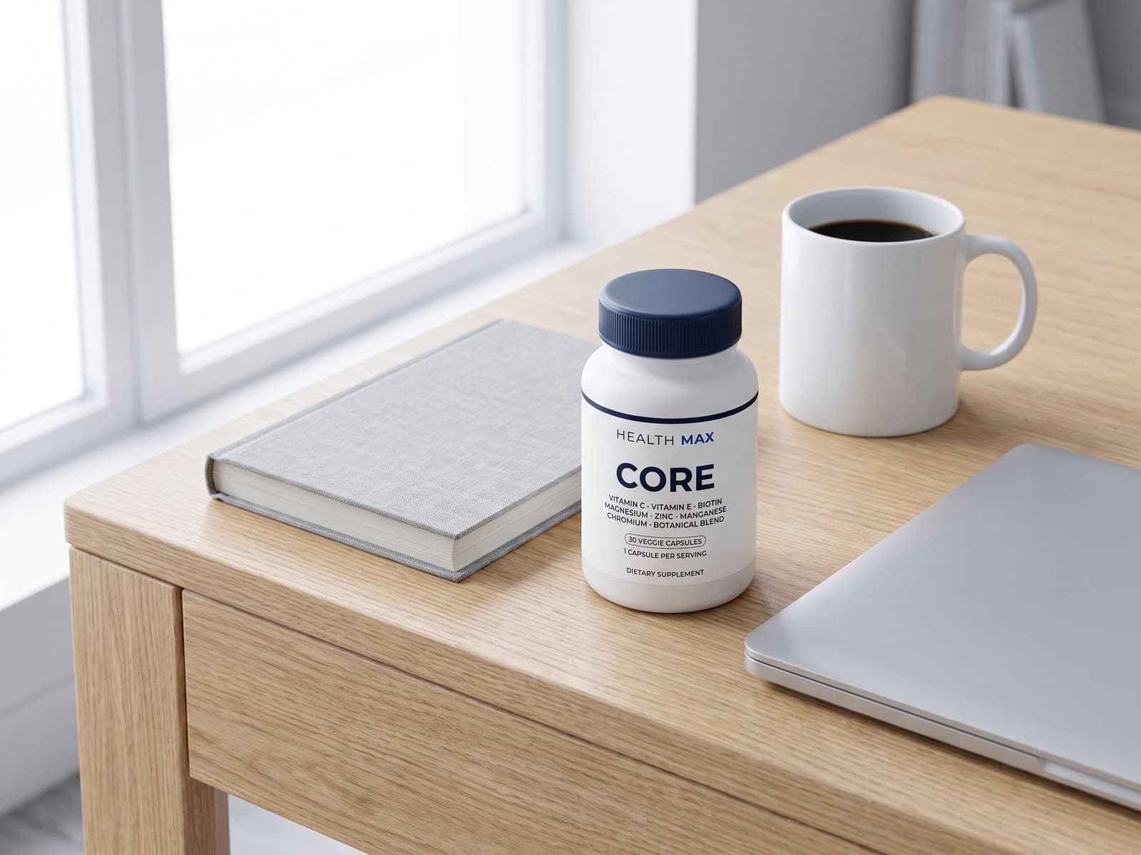 A Health Max Core bottle on a light oak desk next to a notebook and a mug of coffee