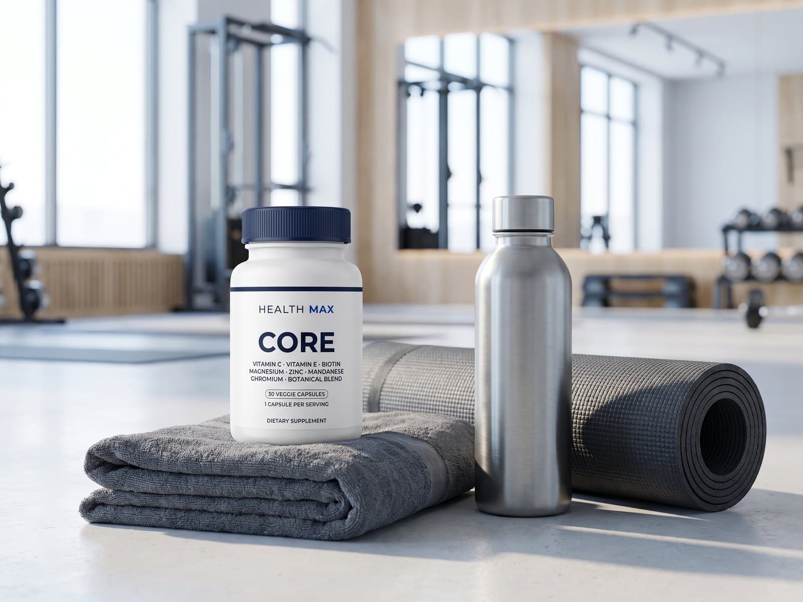 A Health Max Core bottle on a folded grey gym towel beside a steel water bottle