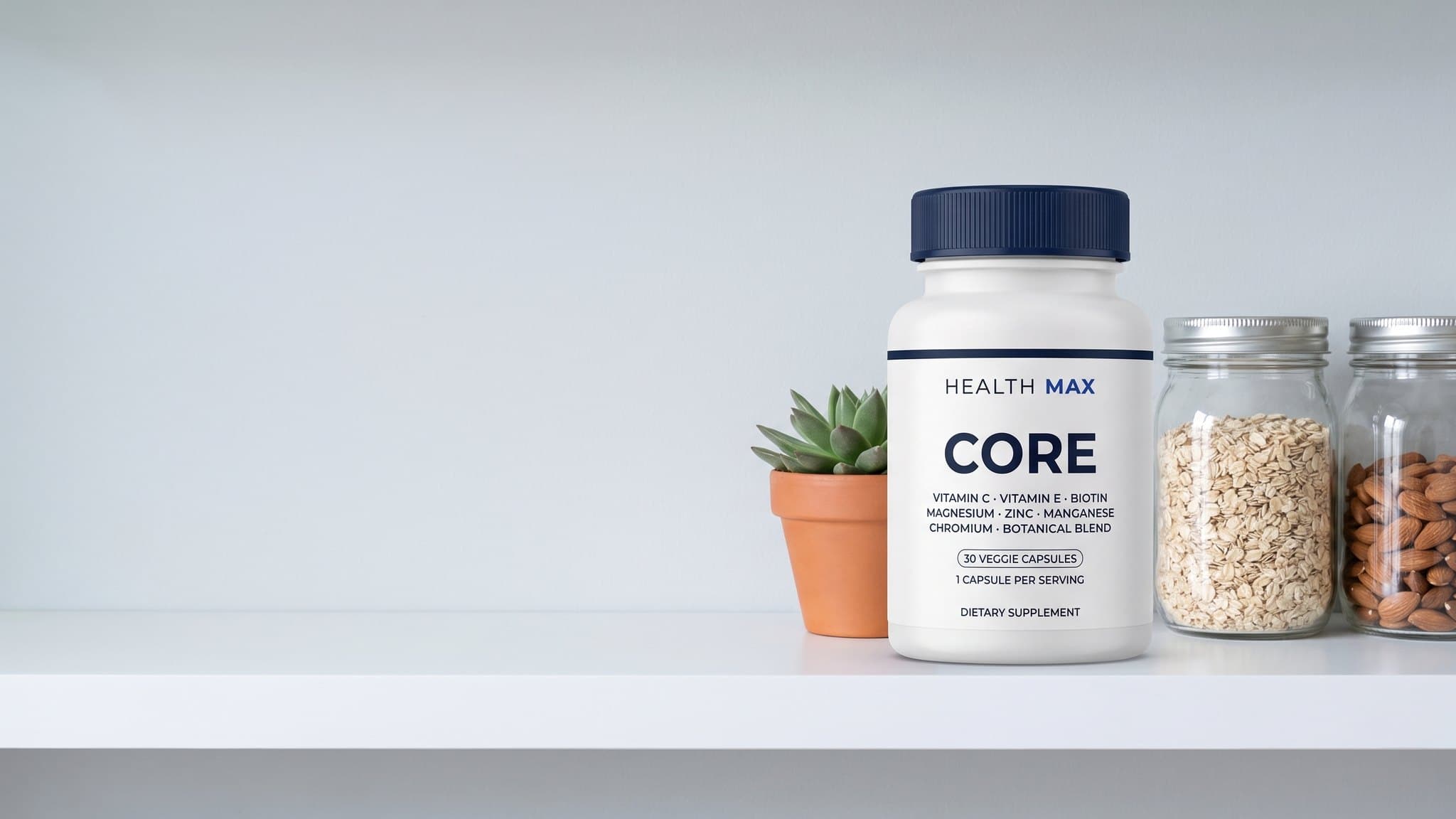 A Health Max Core bottle on a white kitchen shelf beside a potted plant
